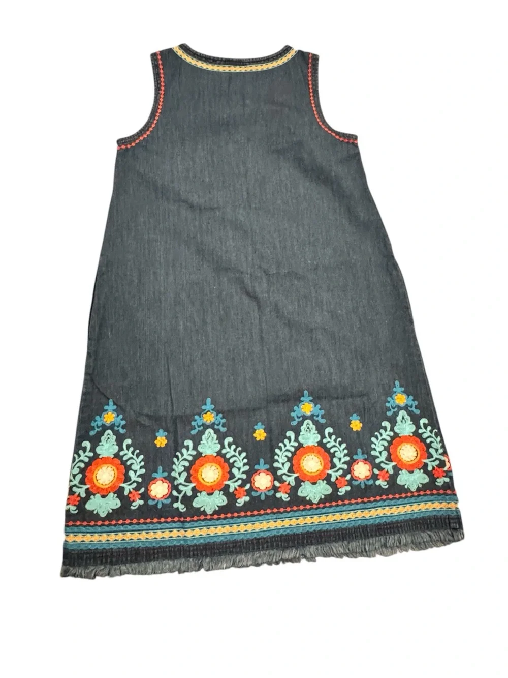 J. Jill Denim Dress Small Blue Floral Embroidered Fringe Hem Sleeveless Cotton - Picture 2 of 6